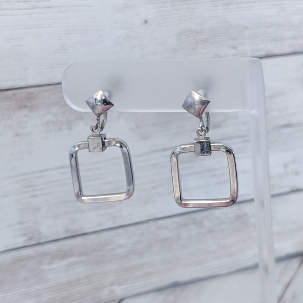 Vintage Screw On Earrings Silver Tone Retro Square Dangle - Fair Condition